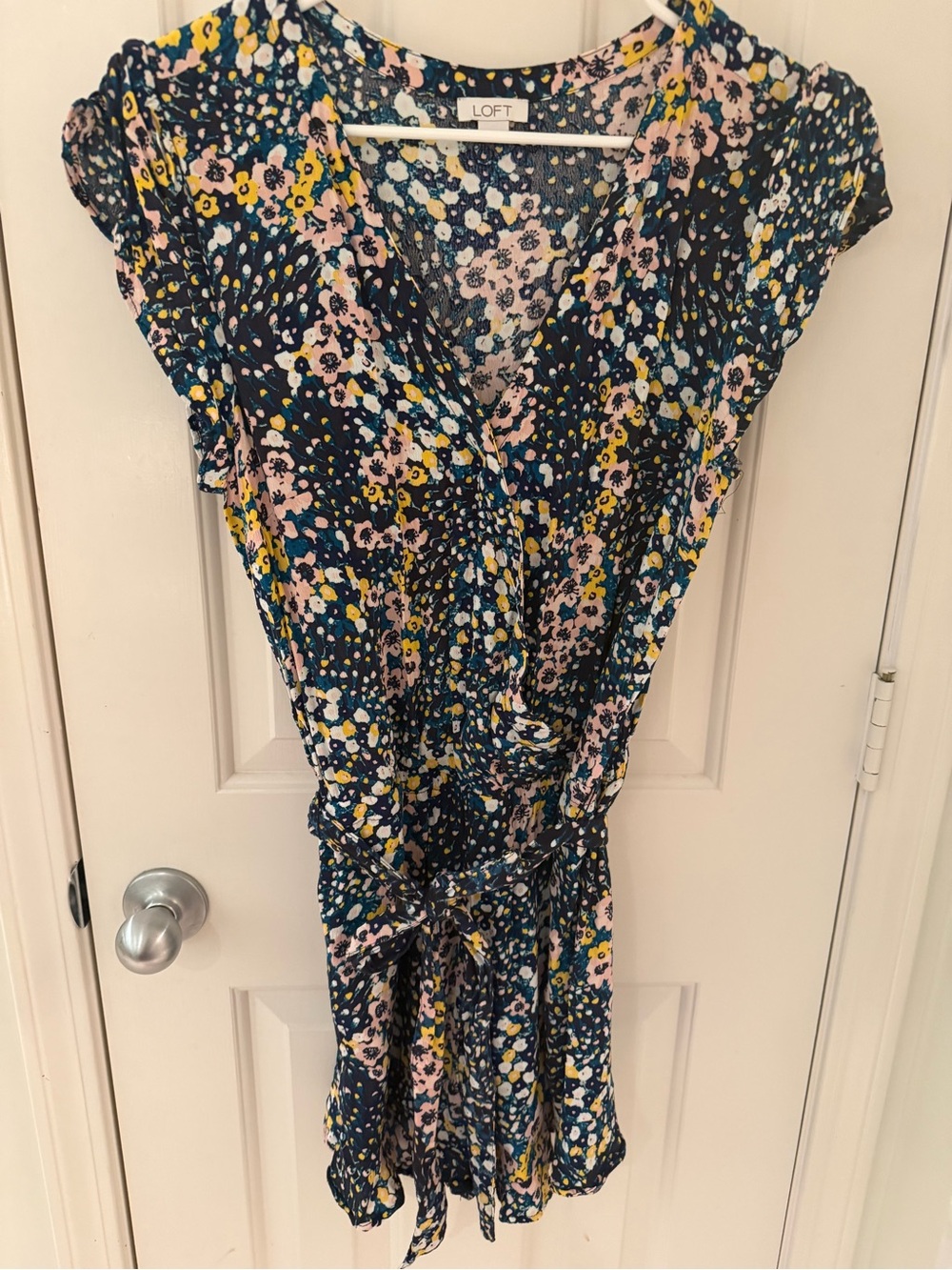 LOFT Navy Floral Wrap Dress with Pink & Yellow Flowers
